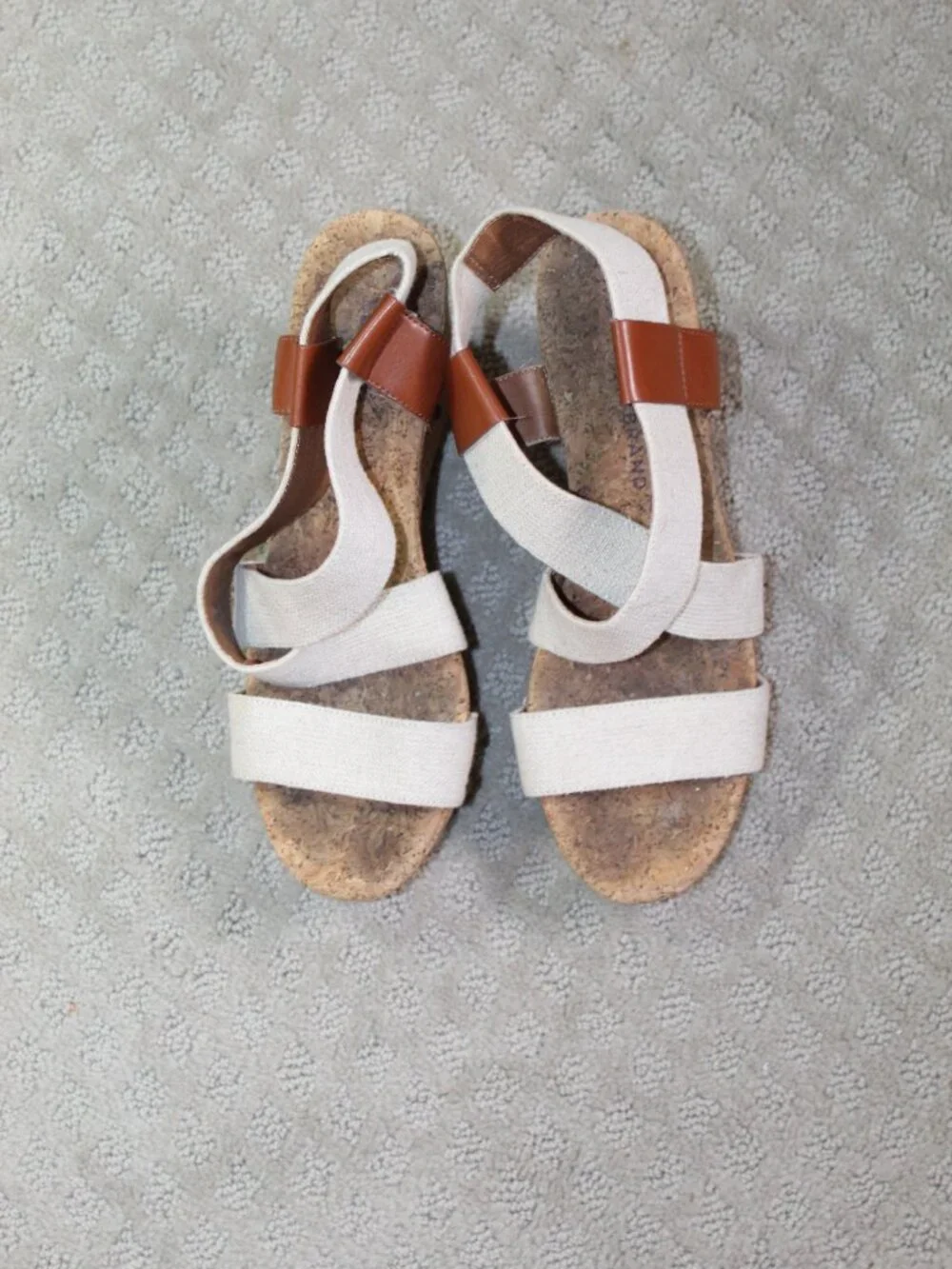 Lucky Brand Size 8 Cream Canvas Faux Leather Accents Cork Wedge Heel Sandals